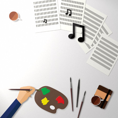Das Bild zeigt einen Tisch mit einer Künstlerpalette, einem Notenpapier, Pinseln und Noten.
